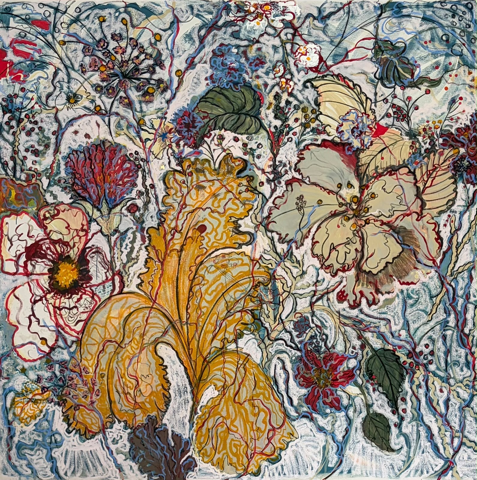 Intricate floral artwork in ochre, crimson and pale blue