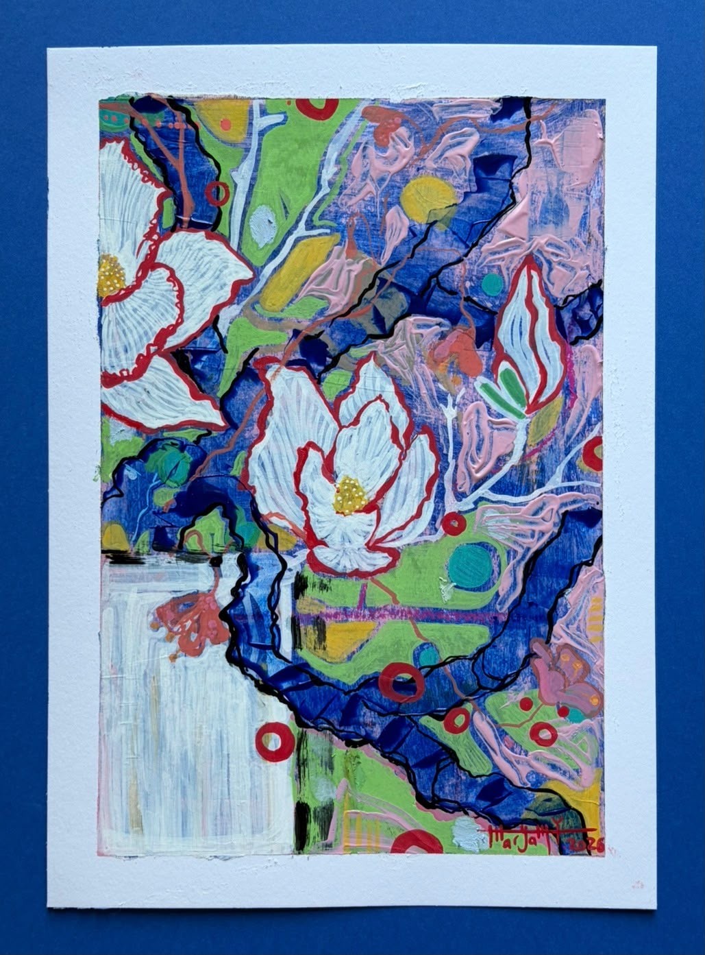 White flowers with red edges against blue, green and pink