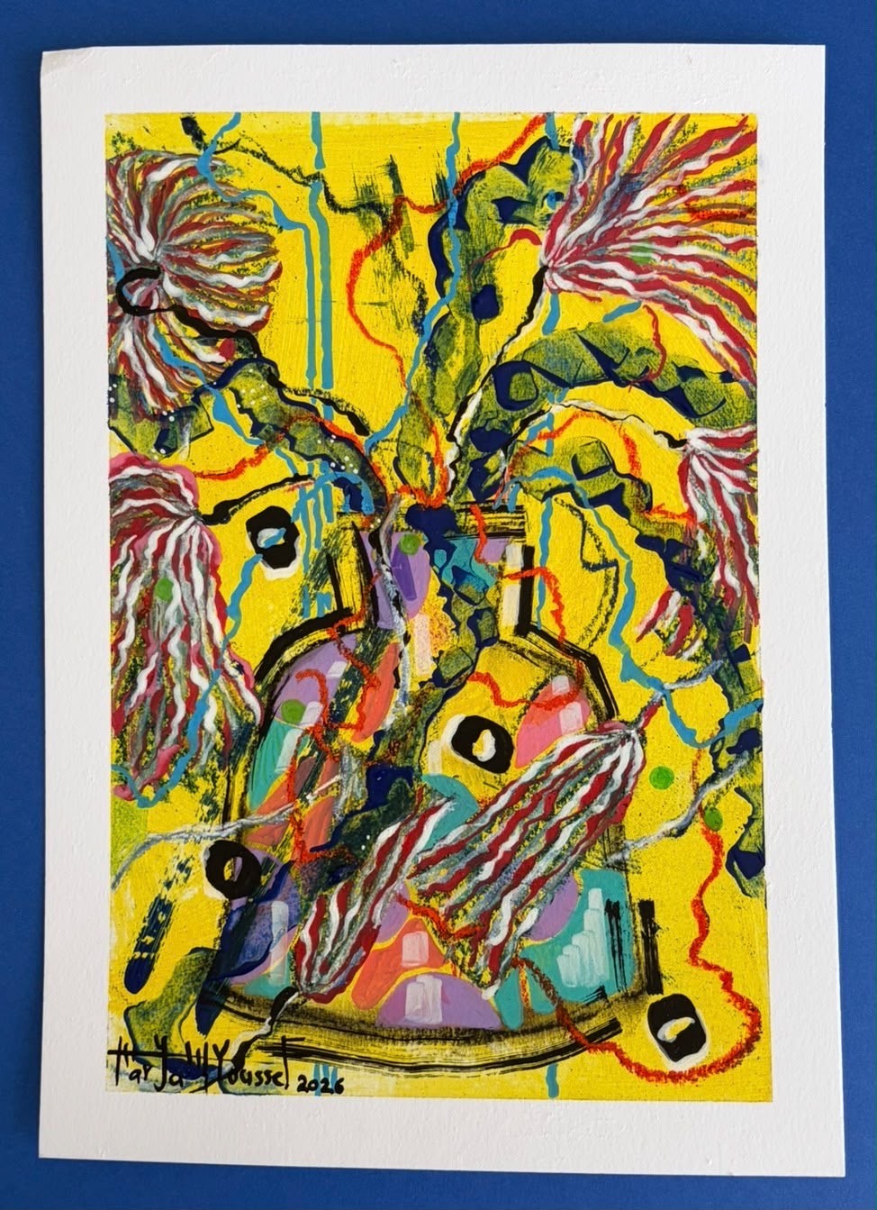 Expressive abstract flowers on a brilliant yellow ground