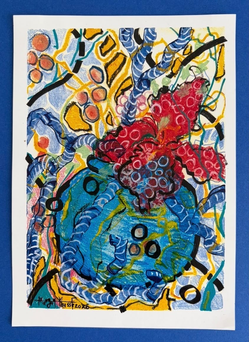 Red and turquoise organic forms with blue patterned branches