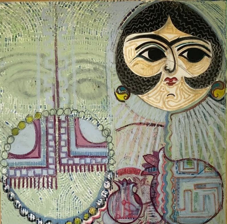 Stylized portrait with ornamental patterns in pale green and burgundy