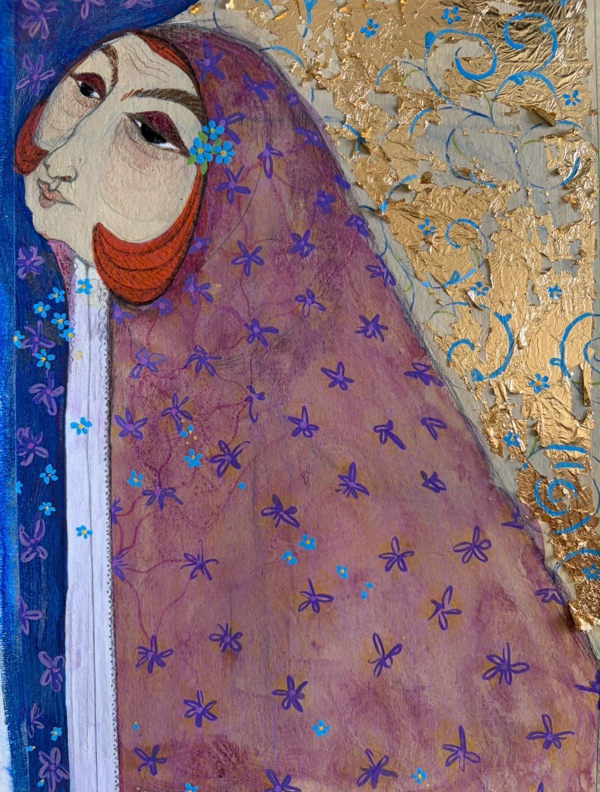 Portrait in a purple floral veil with gold textures