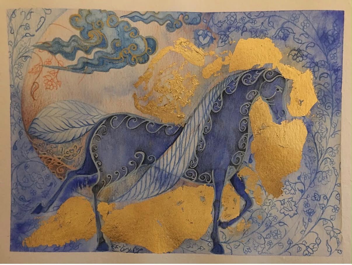 Blue horse surrounded by decorative vines and gold